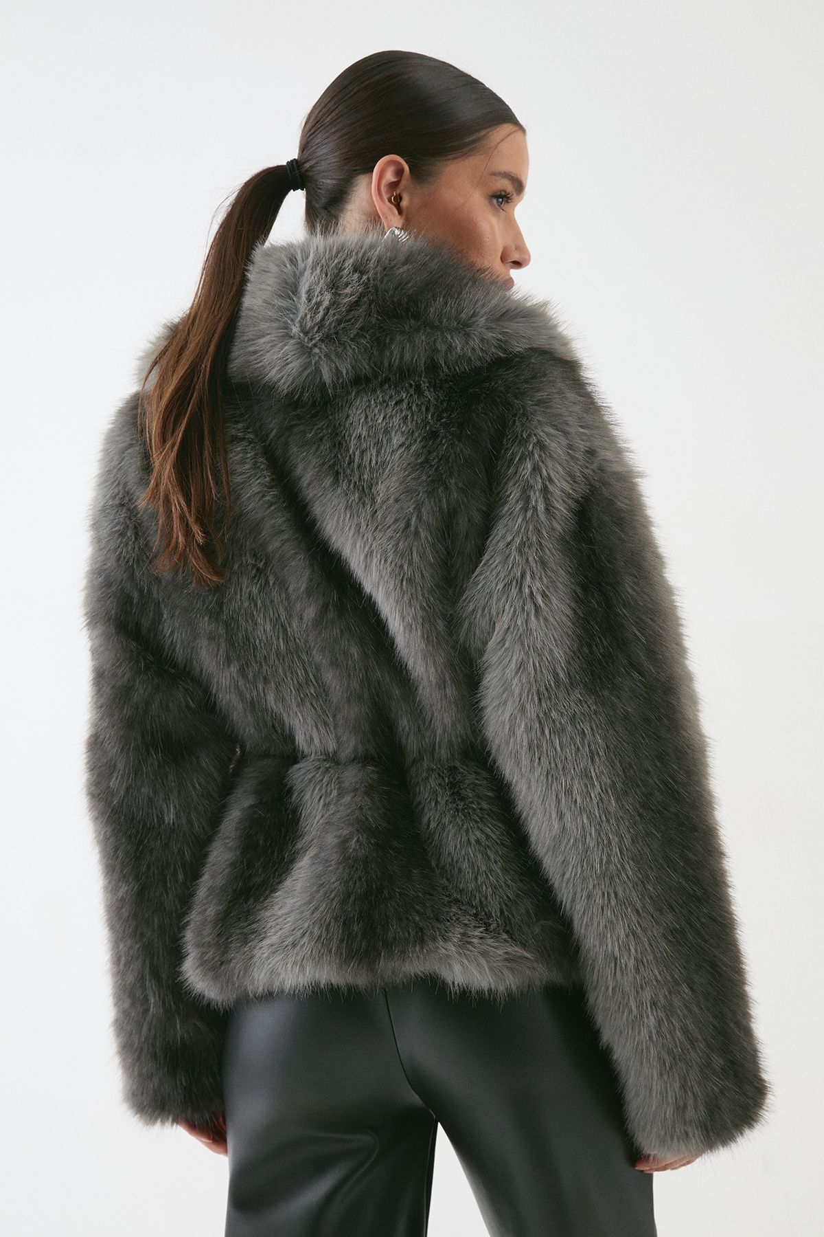 MissPap Faux Fur Wide Collar Belted Jacket Dark Grey image 3