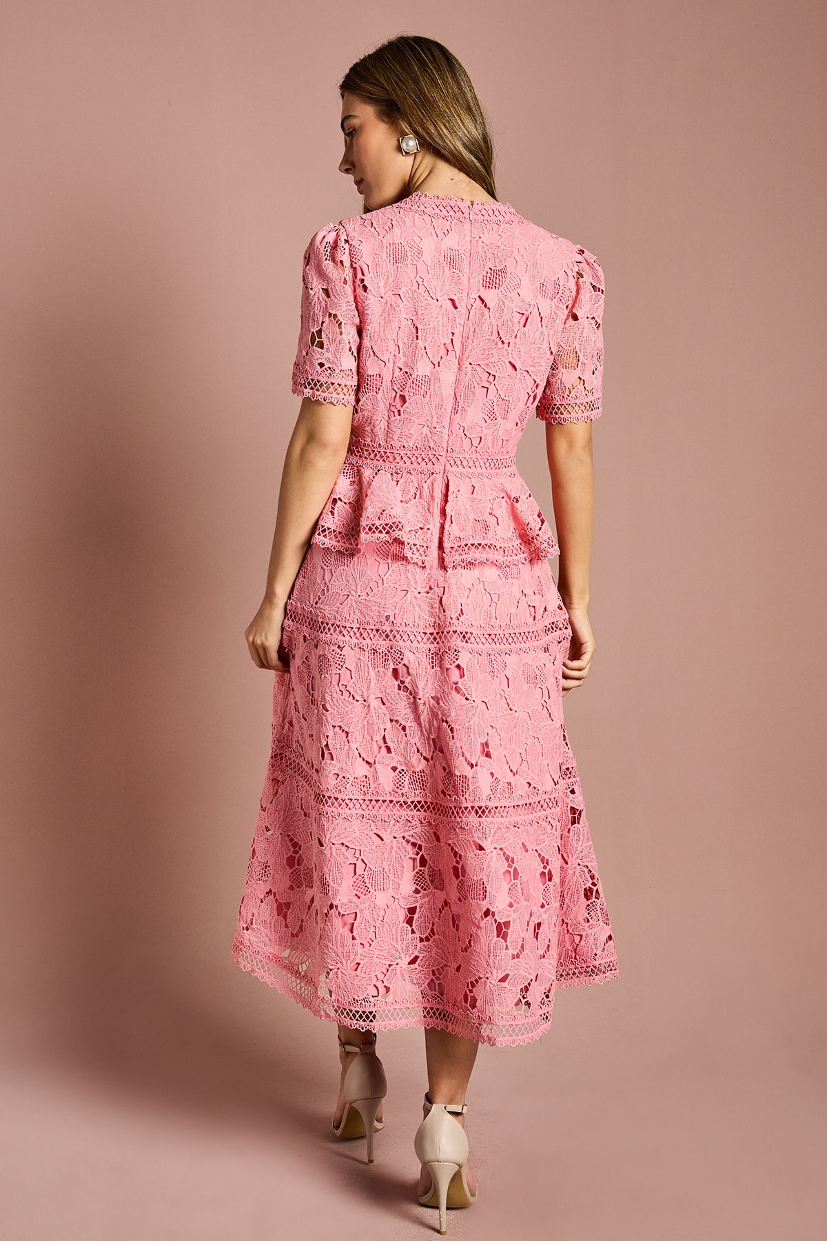 Coast V Neck Peplum Tiered Lace Midi Dress Coral image 3