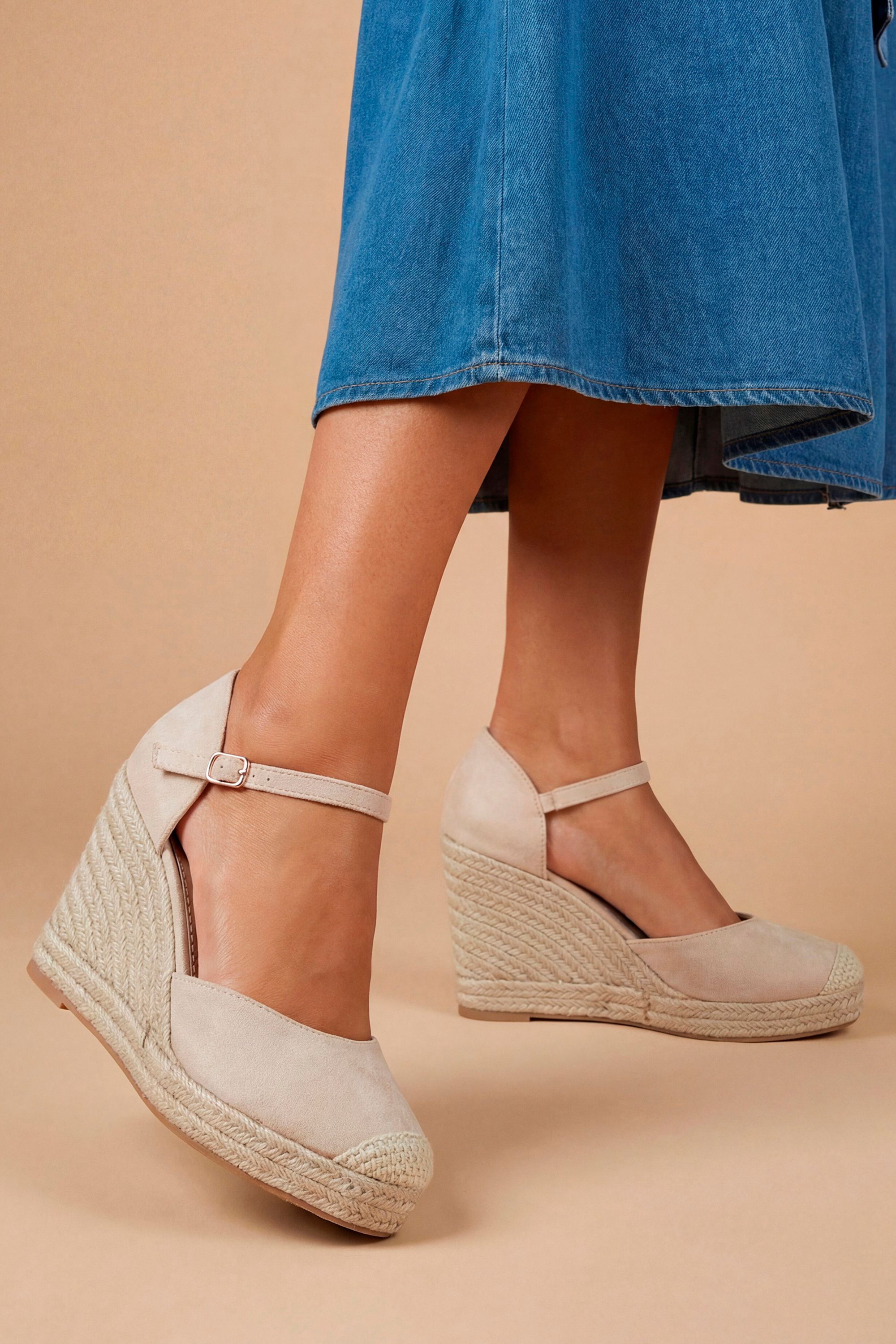 Dorothy Perkins Jillie Faux Suede Closed Toe High Espadrille Wedges Beige