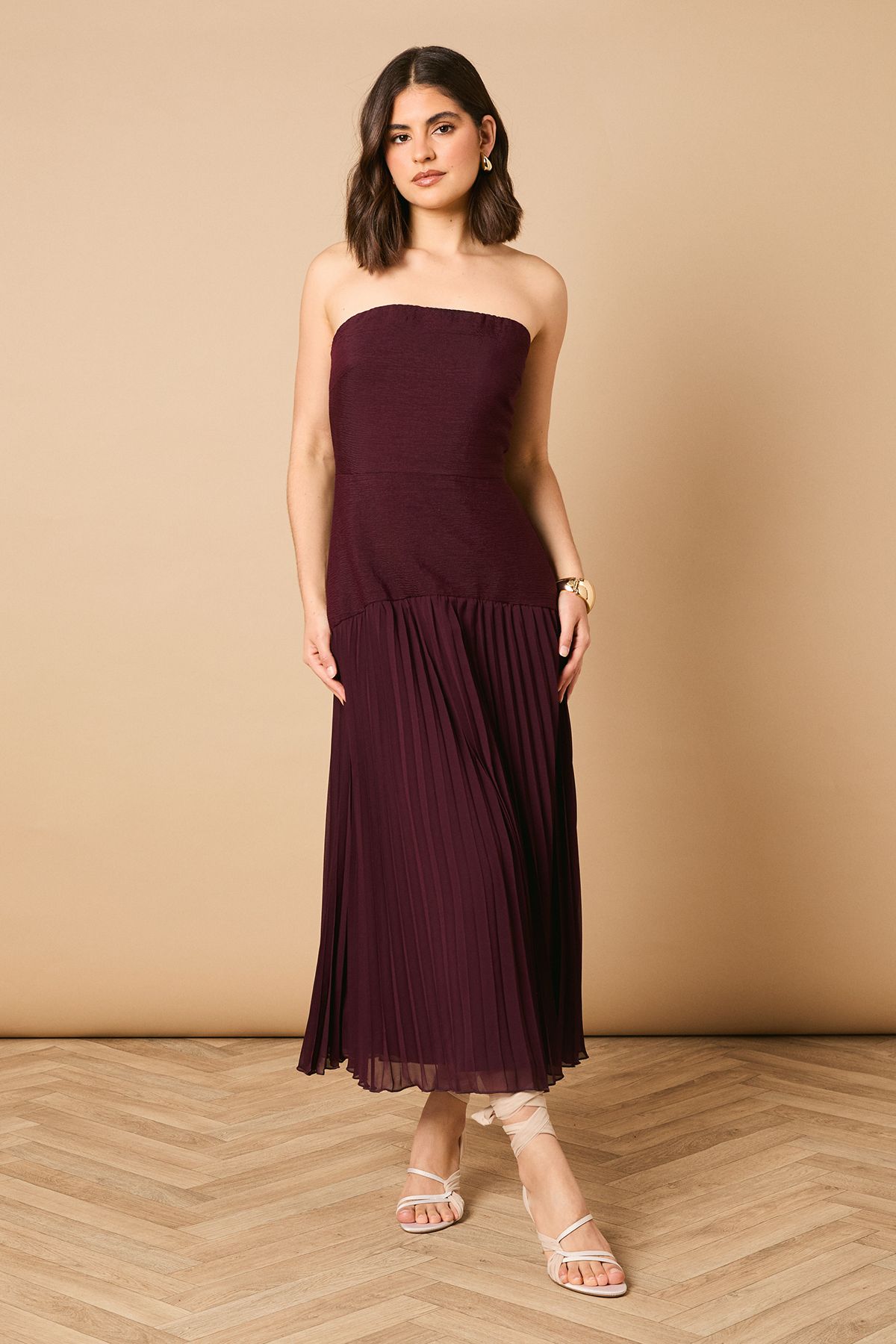 Oasis Chiffon Dropped Waist Bandeau Maxi Dress Mocha image 1