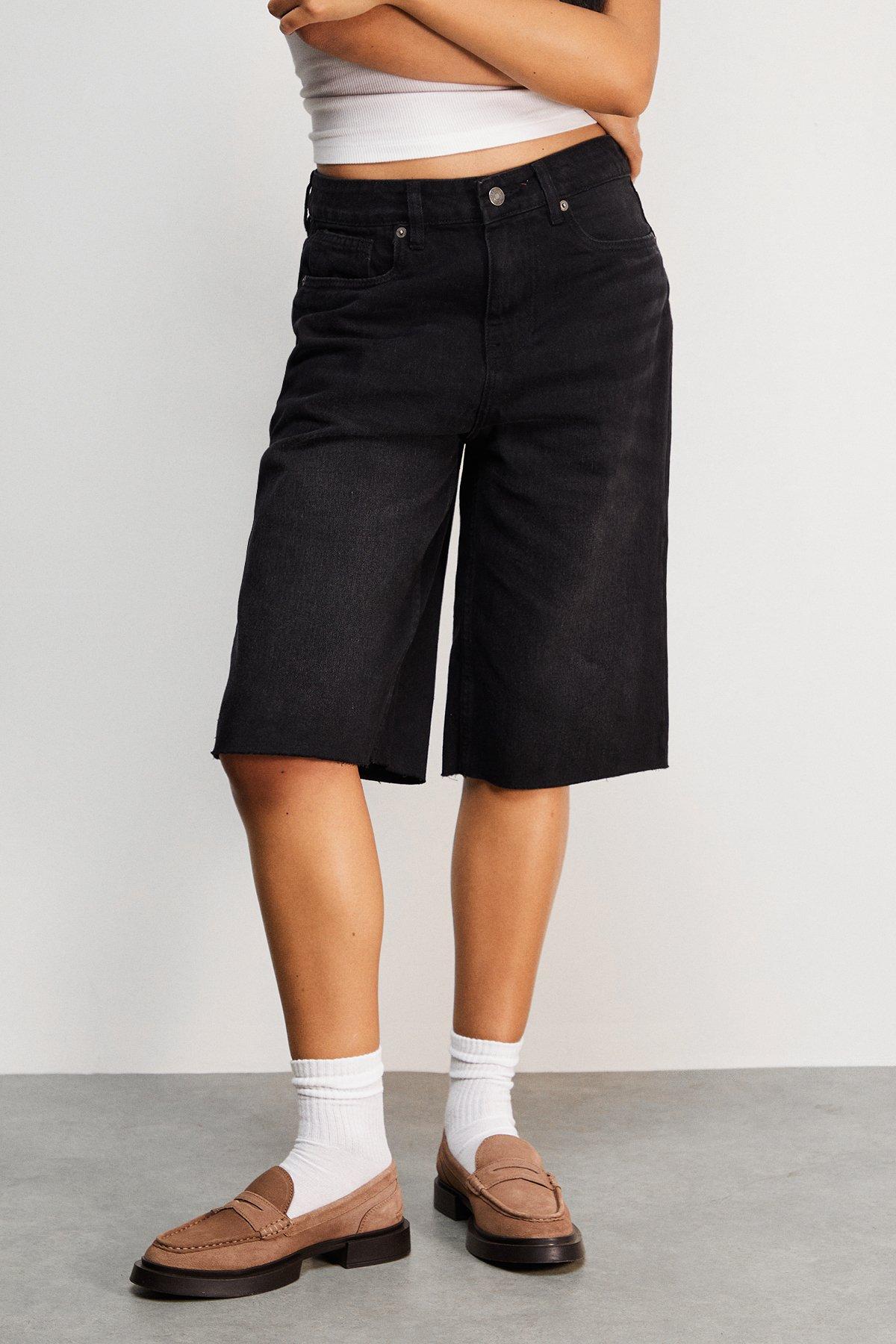 Warehouse Raw Edge Low Waist Dad Shorts Washed Black image 2