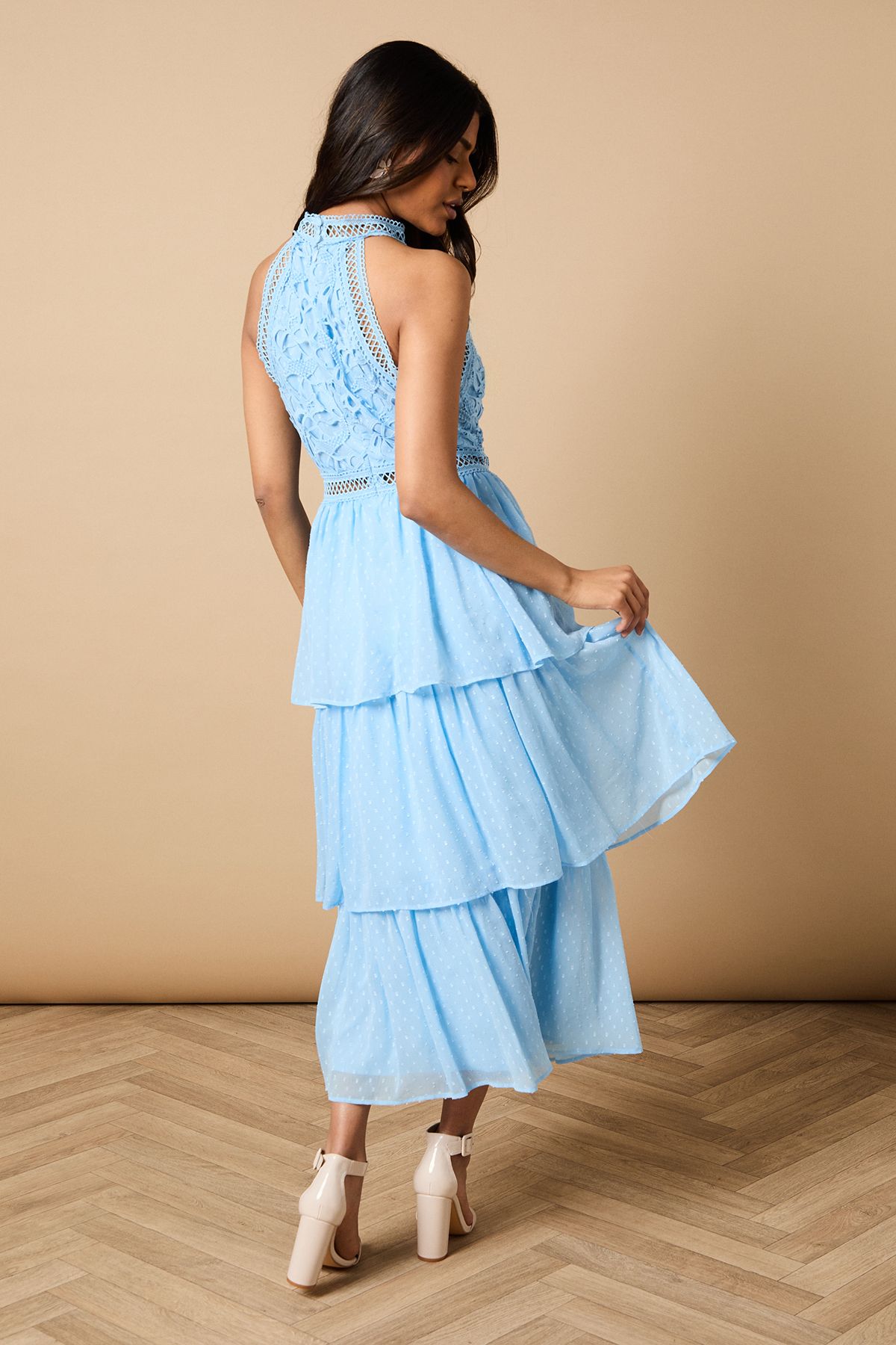 Oasis Petite Lace Tiered Halterneck Midi Dress Blue image 3