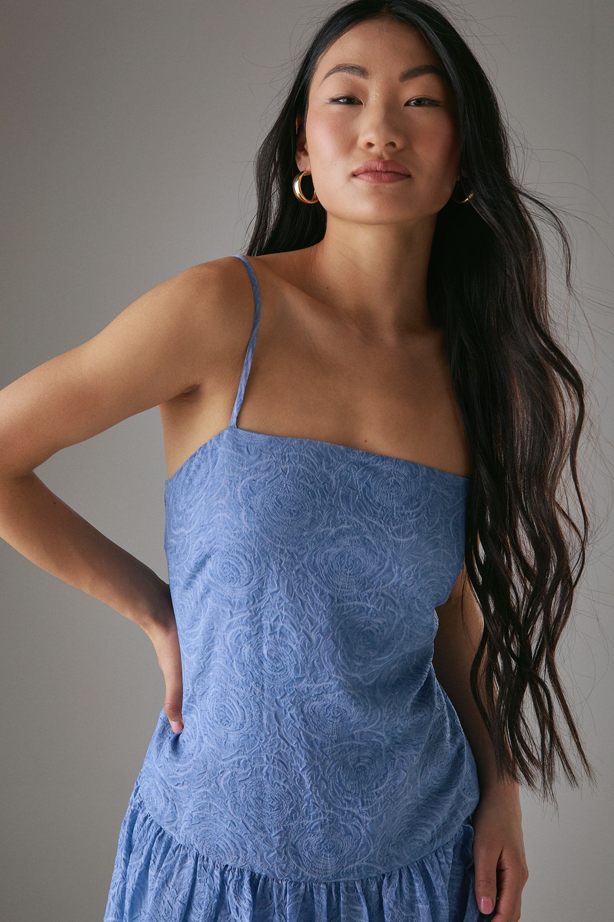 Warehouse Petite Rose Organza Strappy Tier Maxi Dress Blue image 4