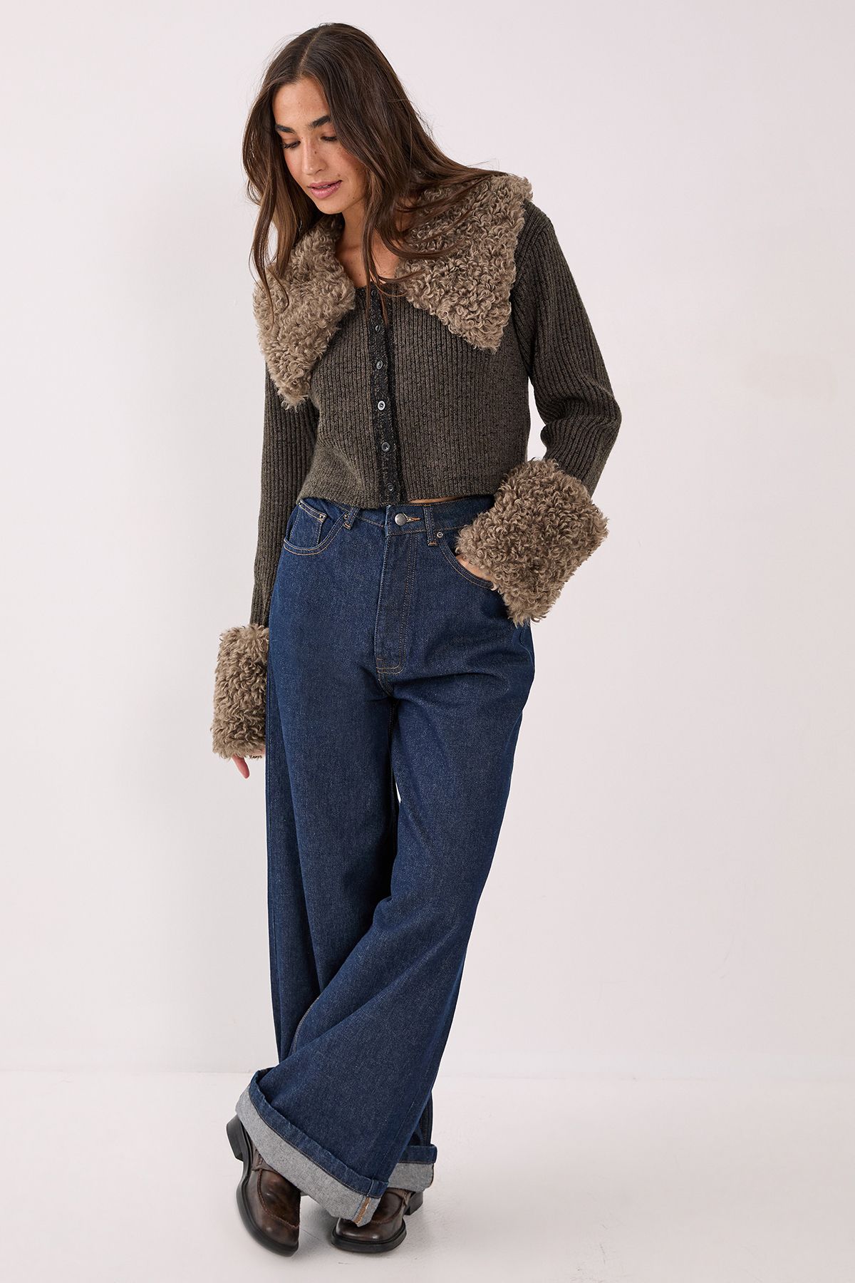 NastyGal Teddy Fur Collared Knitted Cardigan Olive image 2