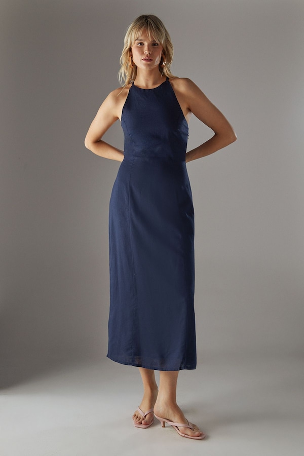 Warehouse Premium Linen Blend Racer Tie Back Midi Dress Navy