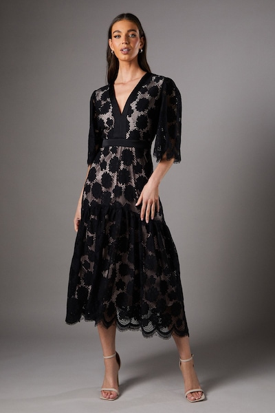 Coast Contrast Lace Sleeveless V Dress Black