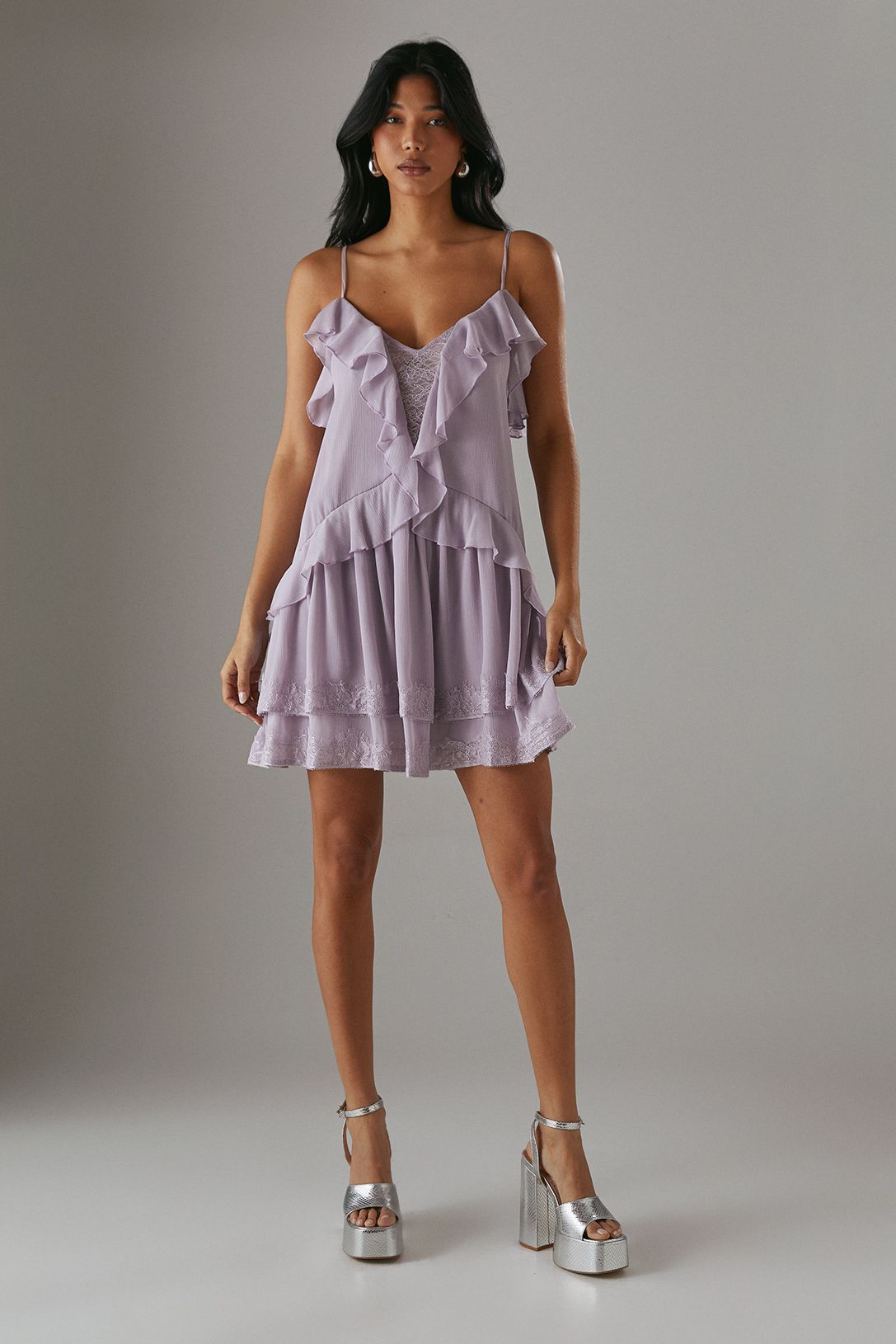 Warehouse Lilac Chiffon Strappy Lace Insert Smock Mini Dress PLT