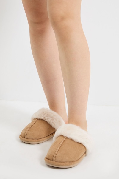 Dorothy Perkins Monica Cozy Suedette Faux Fur Lined Mule Slippers Beige