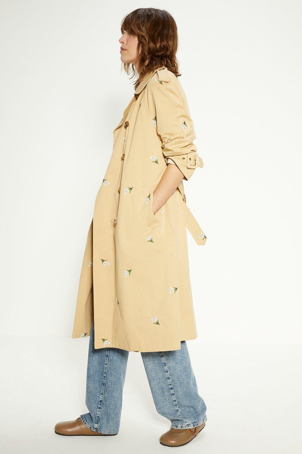 Oasis Petite Embroidered Trench Coat Beige