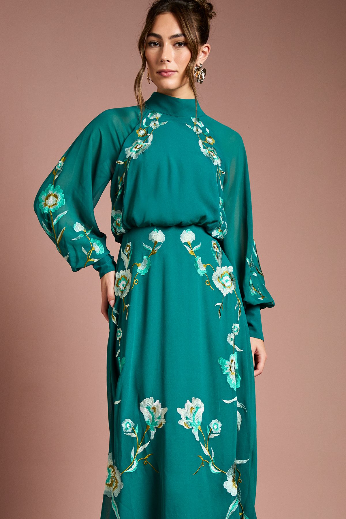 Coast High Neck Long Sleeve Floral Embroidered Midi Dress Teal image 2