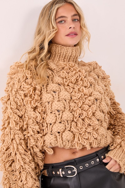 NastyGal Loopy Bobble Mix High Neck Cropped Jumper Tan