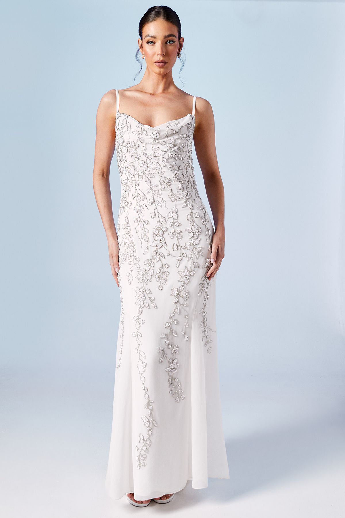 Coast Boho Cowl Neck Trailing Floral Embellished Fishtail Wedding Dress Ivory image 1