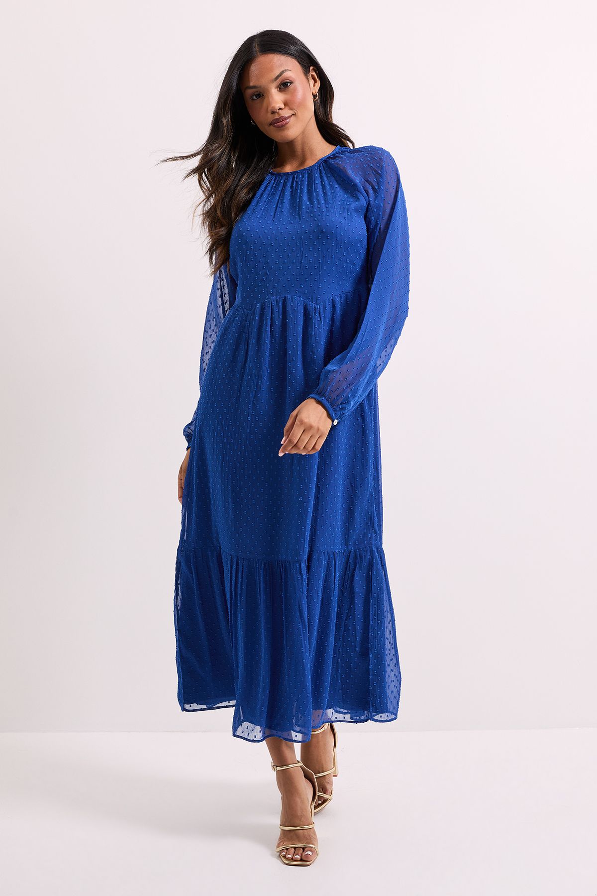 Dorothy Perkins Dobby Chiffon Tiered Blouson Sleeve Midaxi Dress Blue