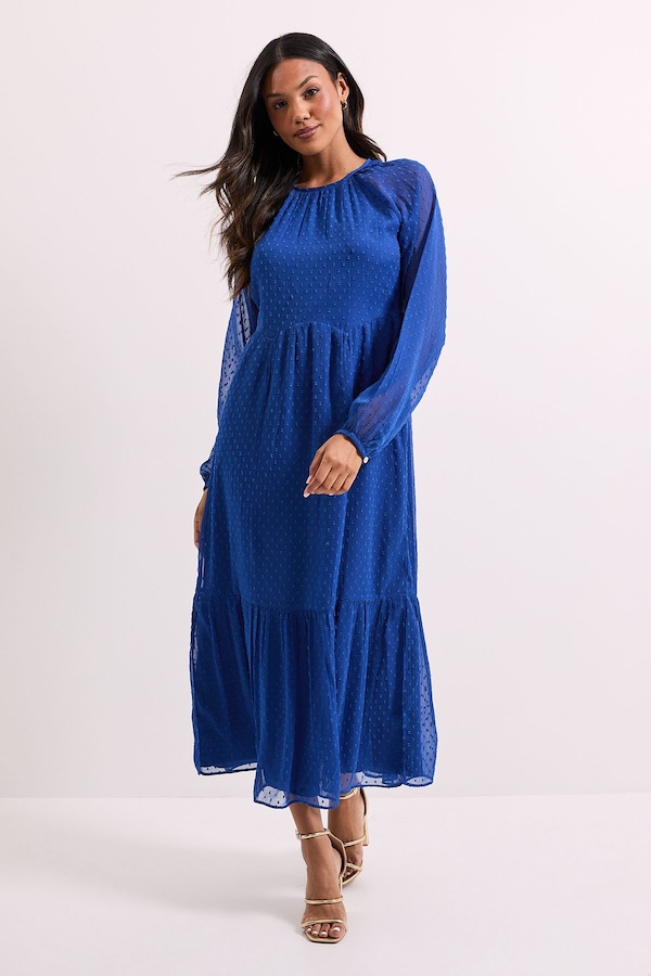 Dorothy Perkins Dobby Chiffon Tiered Blouson Sleeve Midaxi Dress Blue
