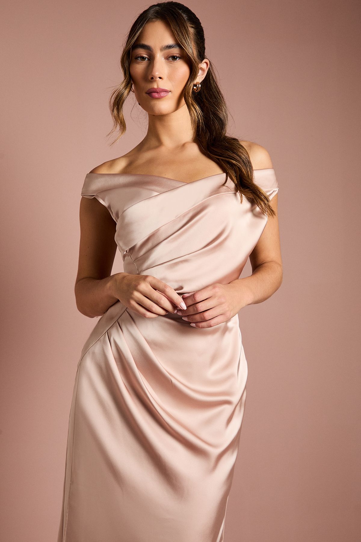 Coast Satin Bardot Bridesmaid Maxi Dress with Waist Ruching Detail Mocha image 4