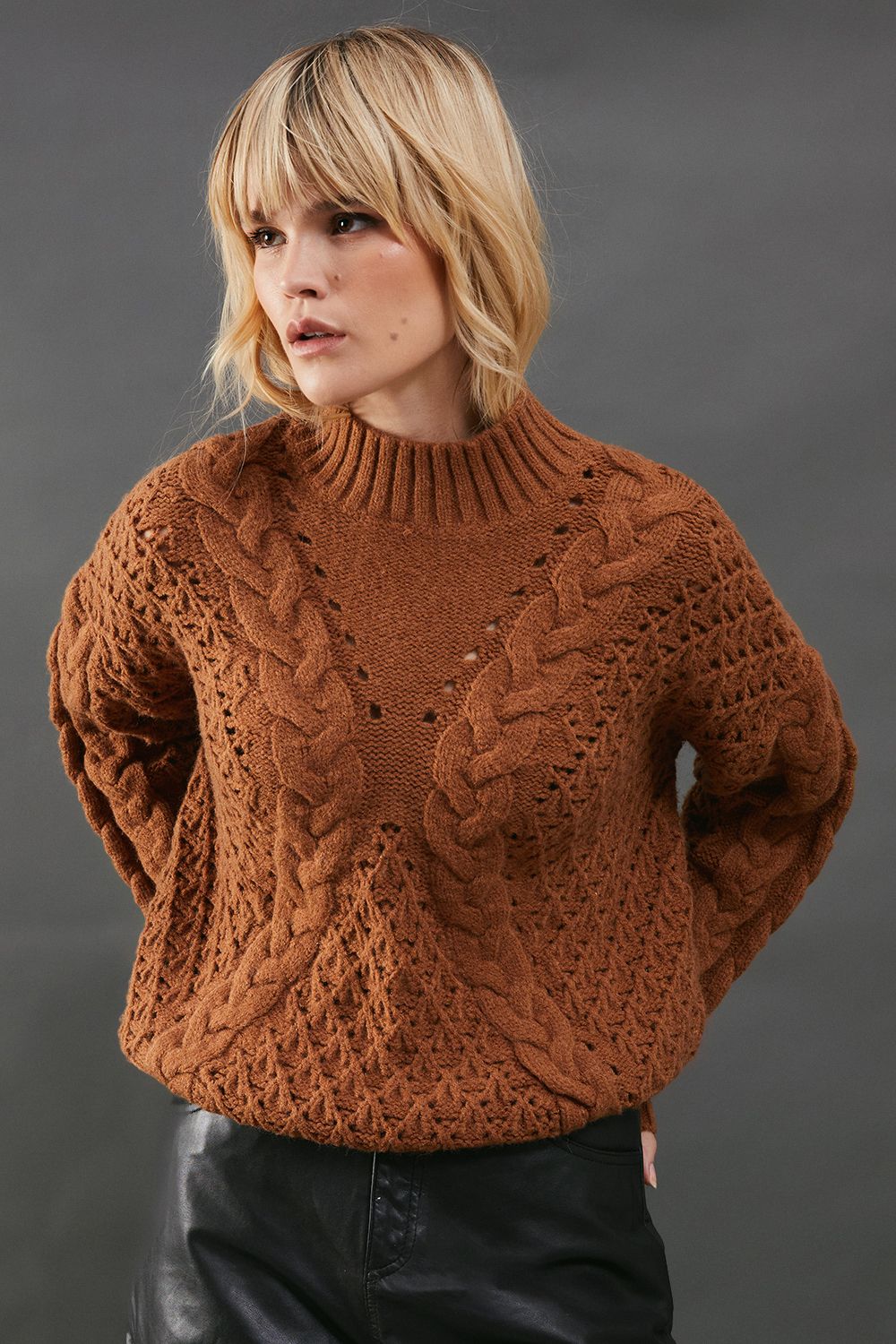 Warehouse Chunky Cable Knit Roll Neck Jumper Tan image 1