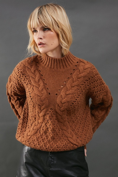 Warehouse Chunky Cable Knit Roll Neck Jumper Tan