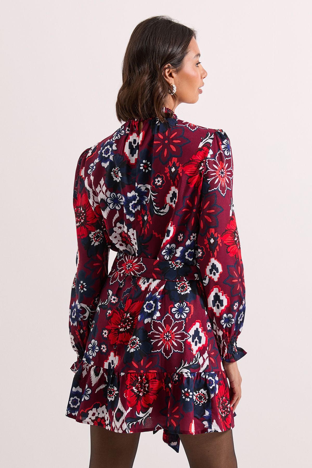 Dorothy Perkins Shirred Neck Tie Waist Mini Dress Multi image 3