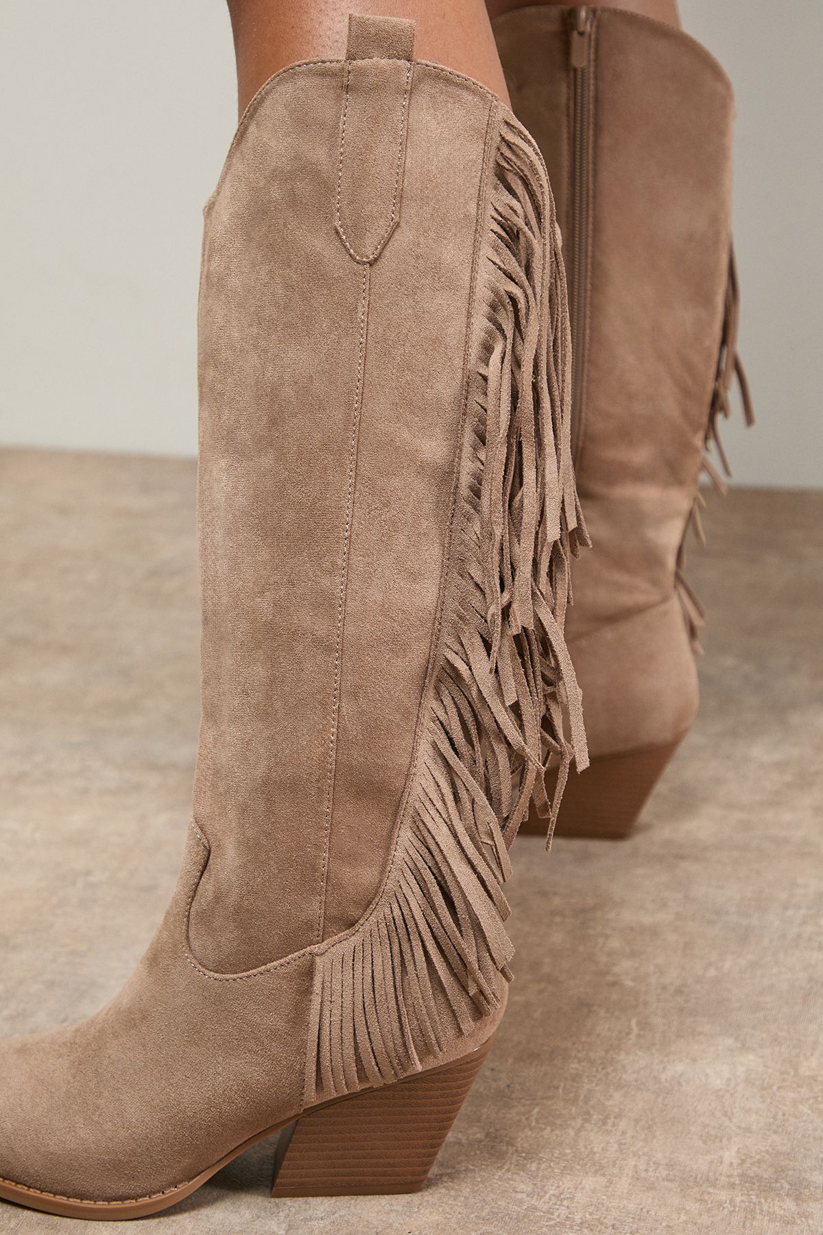 Oasis Myra Faux Suede Fringe Detail Western Cowboy Calf Boots Taupe image 3