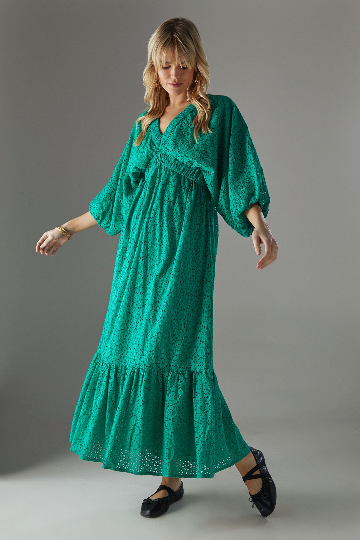 Warehouse Broderie Plunge Neck Volume Sleeve Smock Midi Dress Bright Green image 1