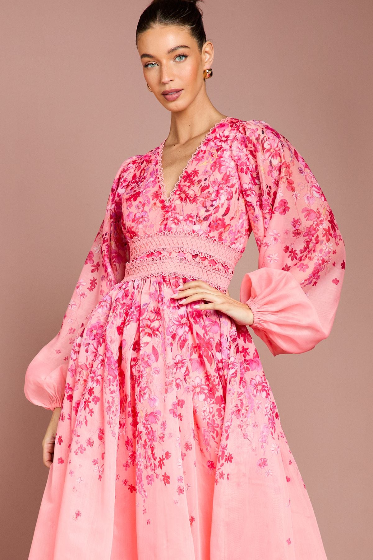 Coast Organza Floral Placement Lace Trim Midaxi Dress Pink image 2