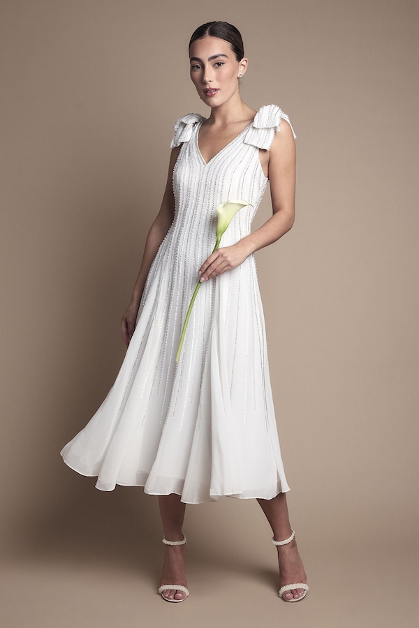 Coast Bow Shoulder Embellished Midi Wedding Dress Ivory