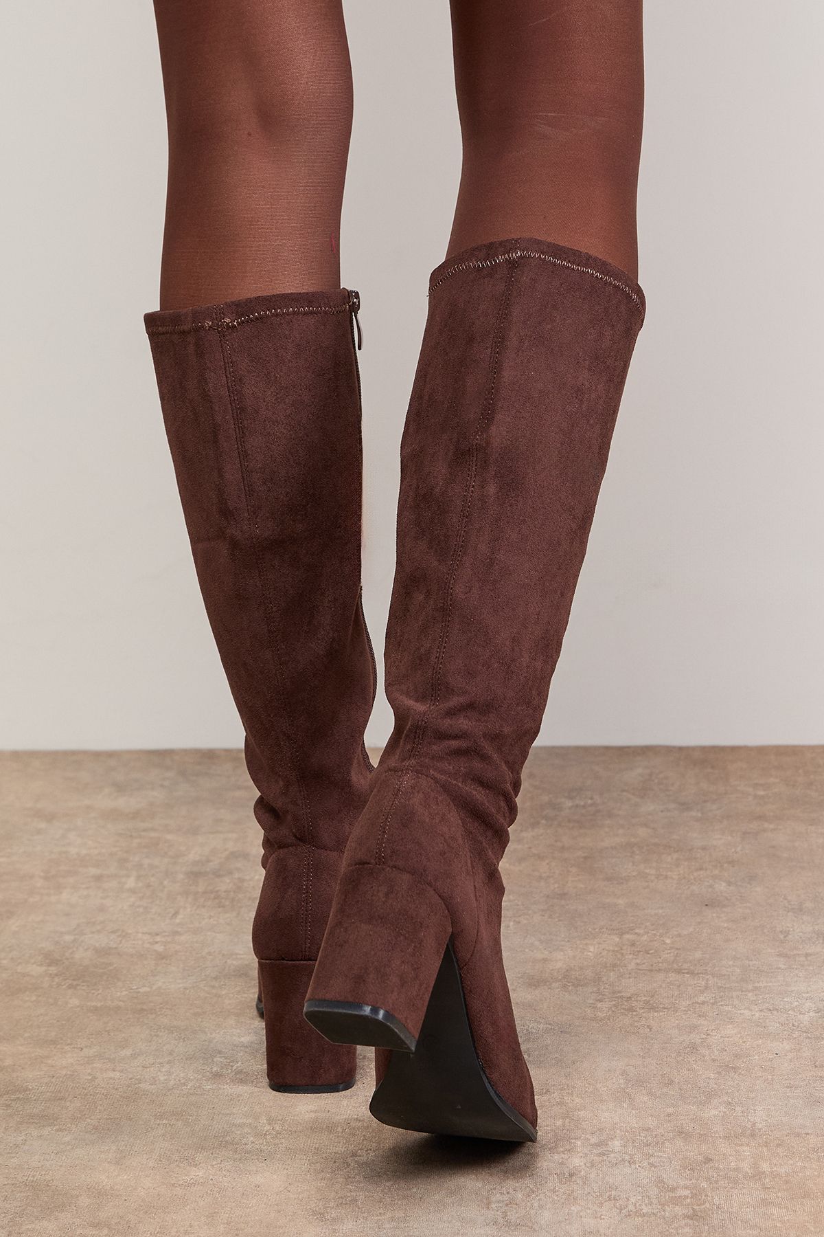 Oasis Rylee Faux Suede High Block Heel Sock Knee Boots Brown image 4