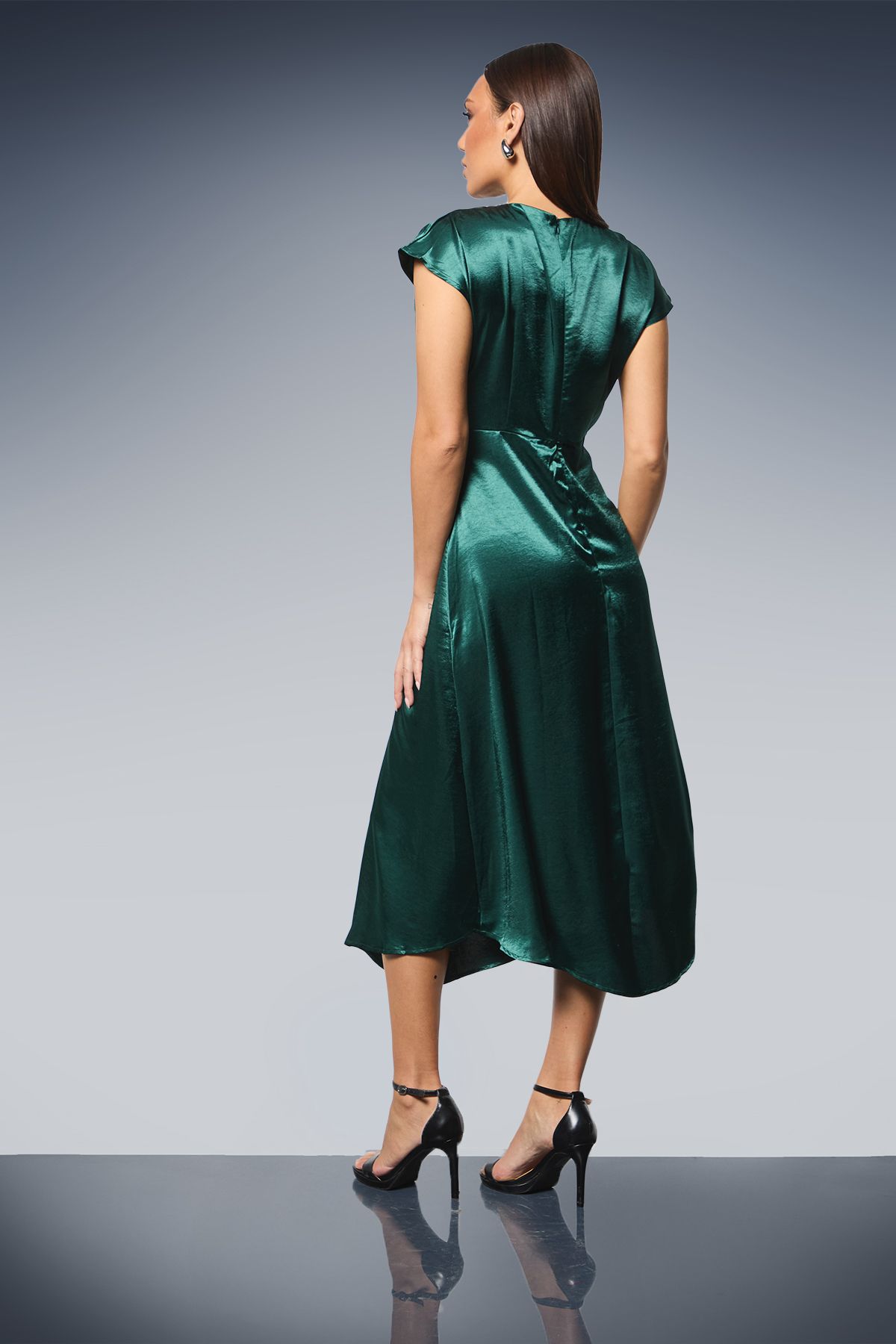 Principles Green Twist Neck Asymmetric Hem Satin Midi Dress Green image 3
