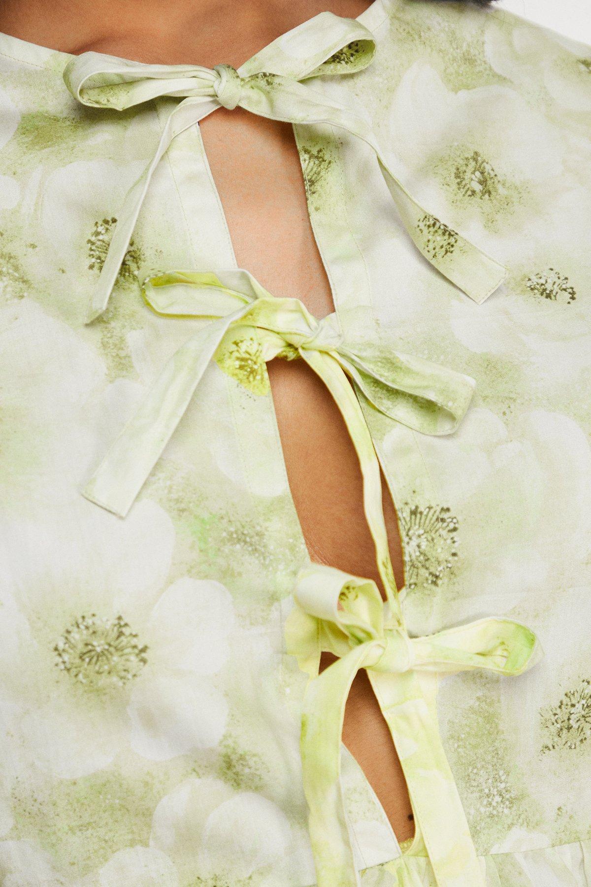 Warehouse Print Poplin Tie Front Volume Sleeve Blouse Lime image 5