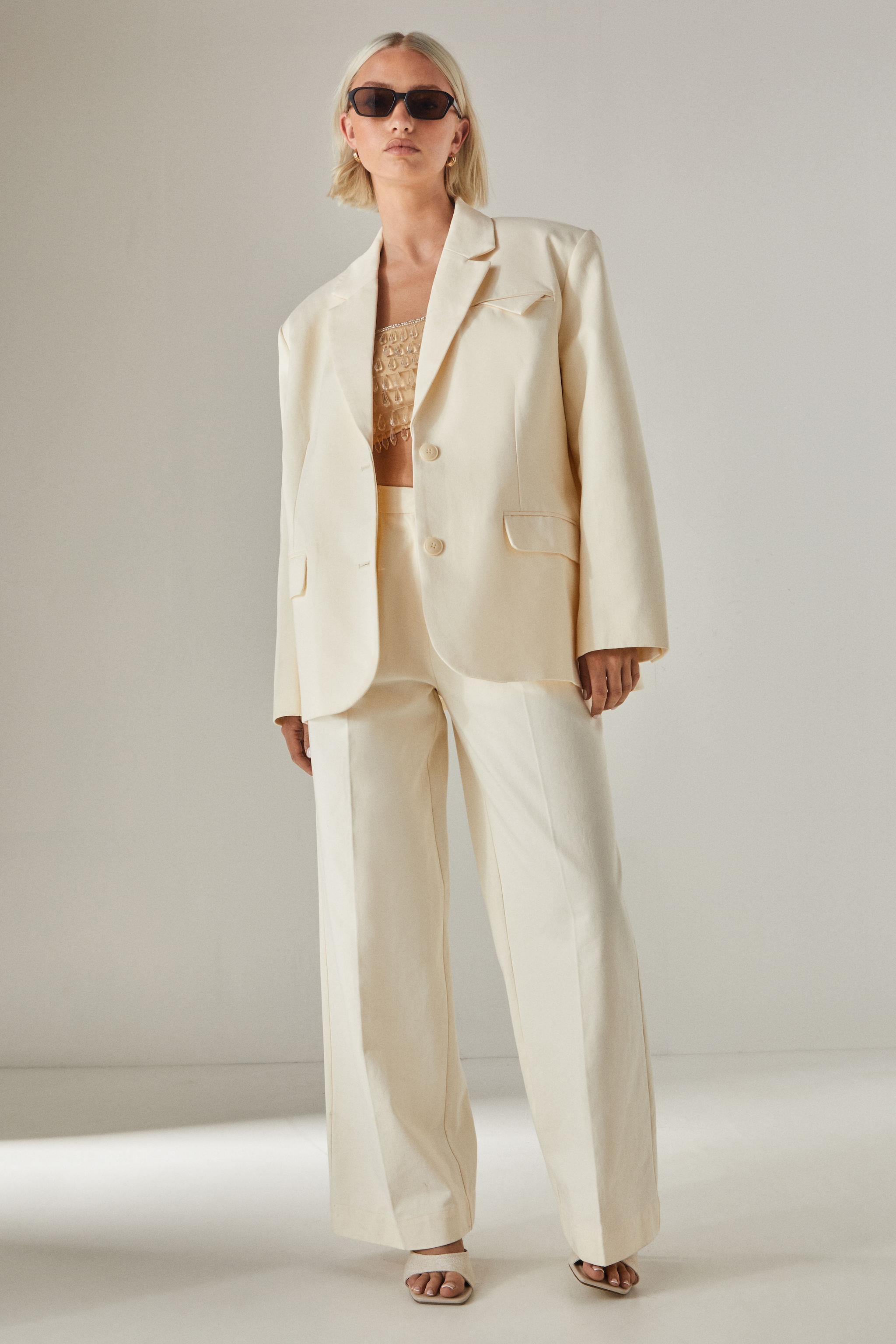 NastyGal Peached Cotton Twill Oversized Tailored Blazer Cream image 5