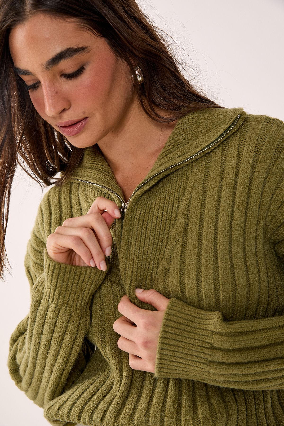 NastyGal Ribbed Knitted Quarter Zip Jumper Olive image 3