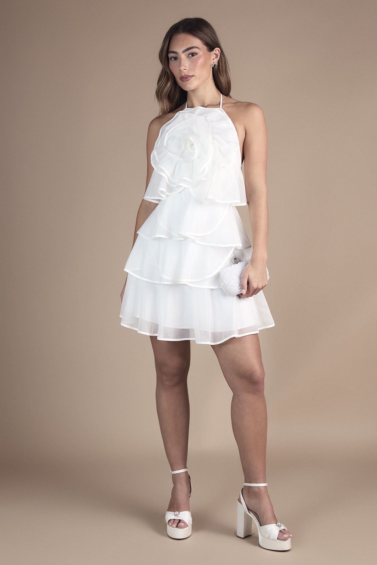 Coast Corsage Trim Layered Halter Neck bridal Mini Dress Ivory image 4