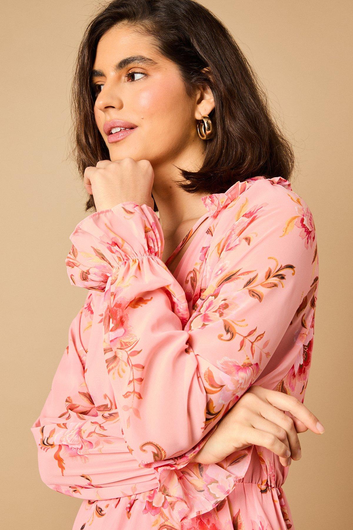 Oasis Floral Long Sleeve Mini Skater Dress Pink image 4