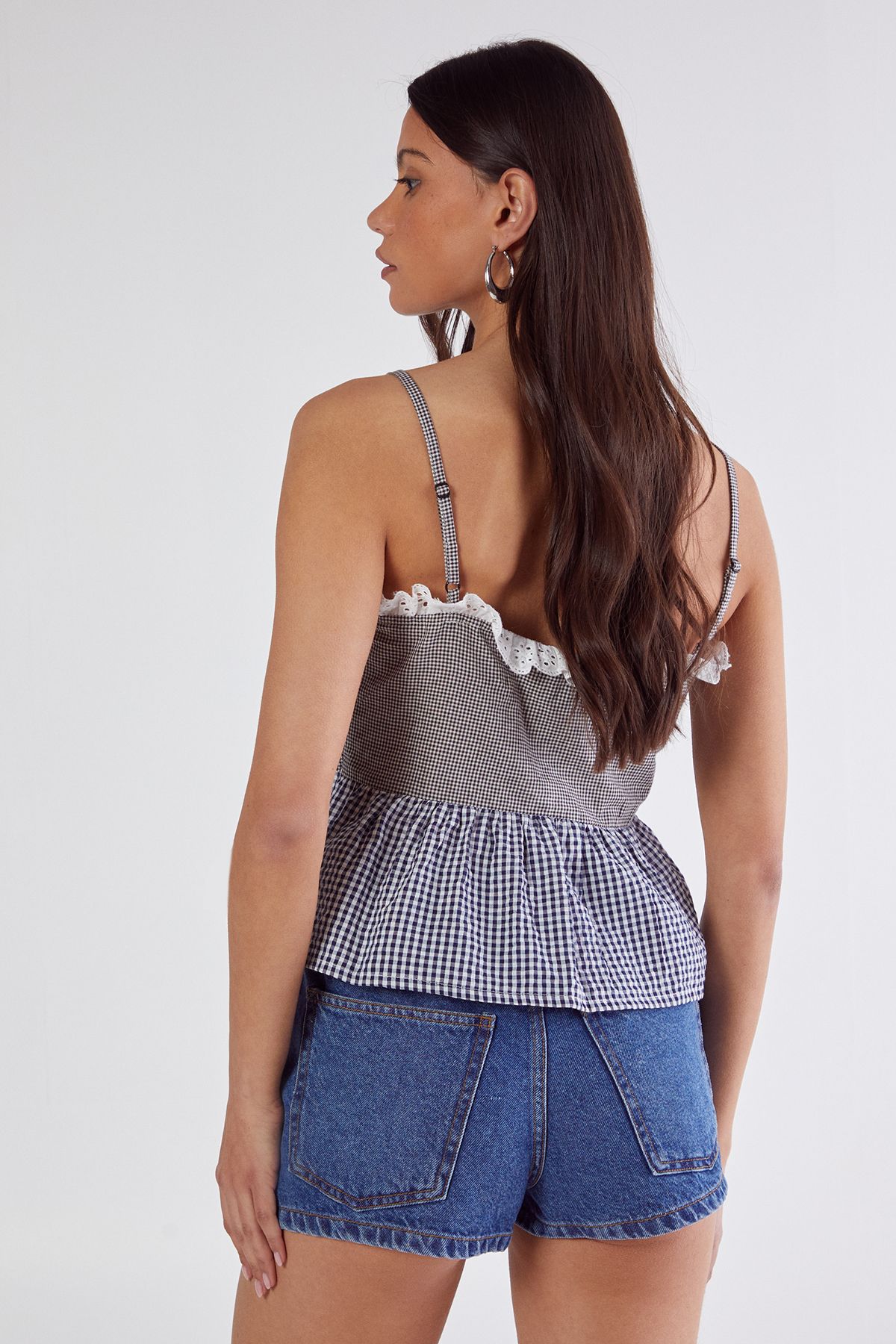 NastyGal Gingham Mix Broderie Ruffle Cami Top Mono image 4