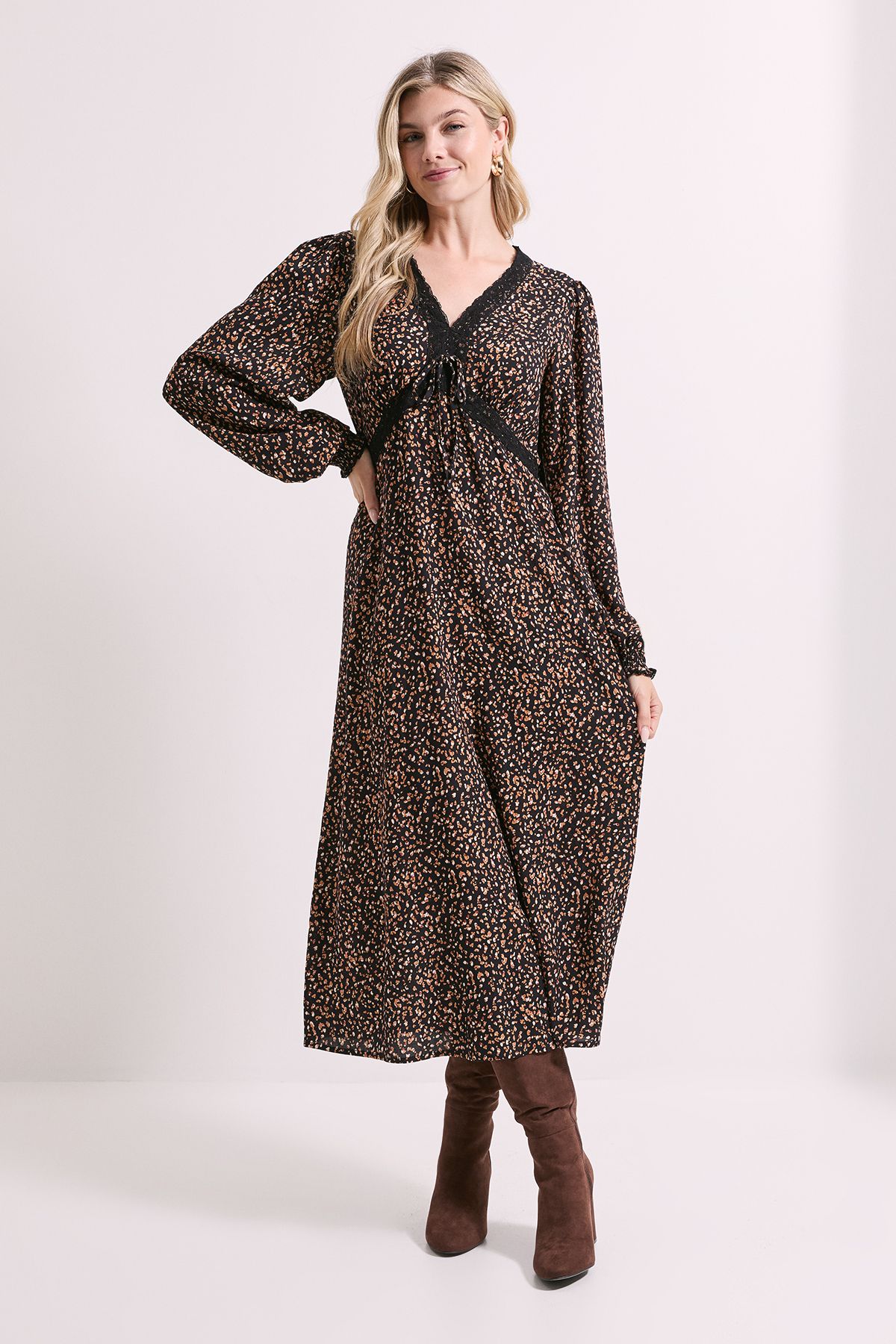 Dorothy Perkins Black Animal Lace Trim Bow Detail Long Sleeve Midi Dress Black image 1