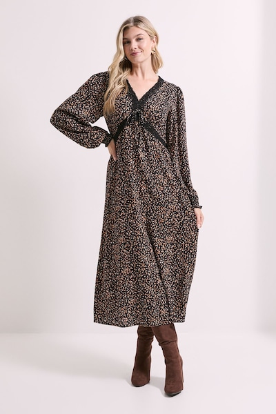 Dorothy Perkins Black Animal Lace Trim Bow Detail Long Sleeve Midi Dress Black