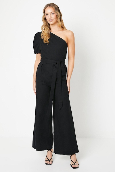 Oasis Linen One Shoulder Jumpsuit Black