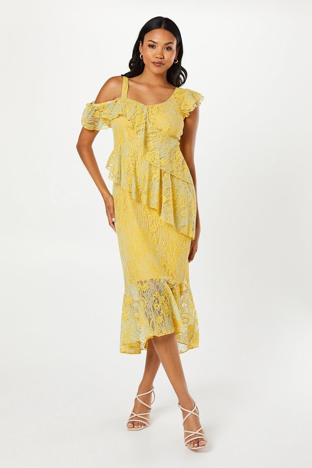 Coast Ruffle Lace Pencil Dress With Flute Hem Yellow image 1