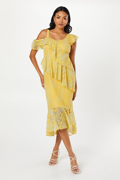 Coast Ruffle Lace Pencil Dress With Flute Hem Yellow