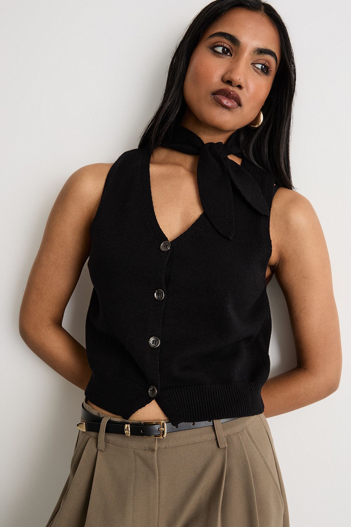 Warehouse Tie Neck Knitted Vest Black image 1