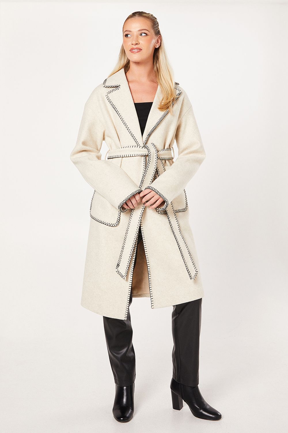 Dorothy Perkins Whipstitch Wrap Midi Coat Cream image 4
