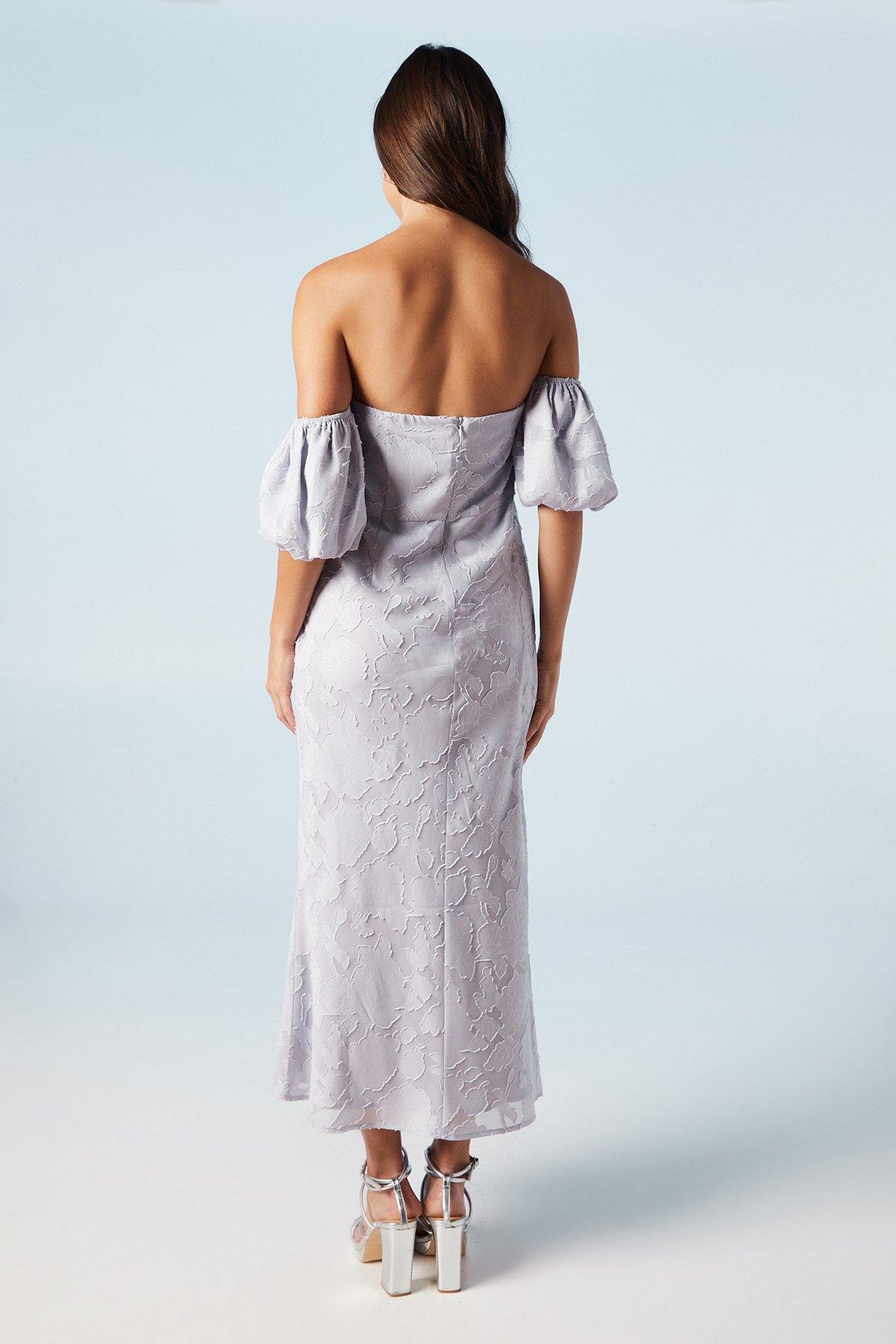Oasis Rose Jacquard Puff Sleeve Asym Detail Bridesmaids Midi Dress Lilac image 3