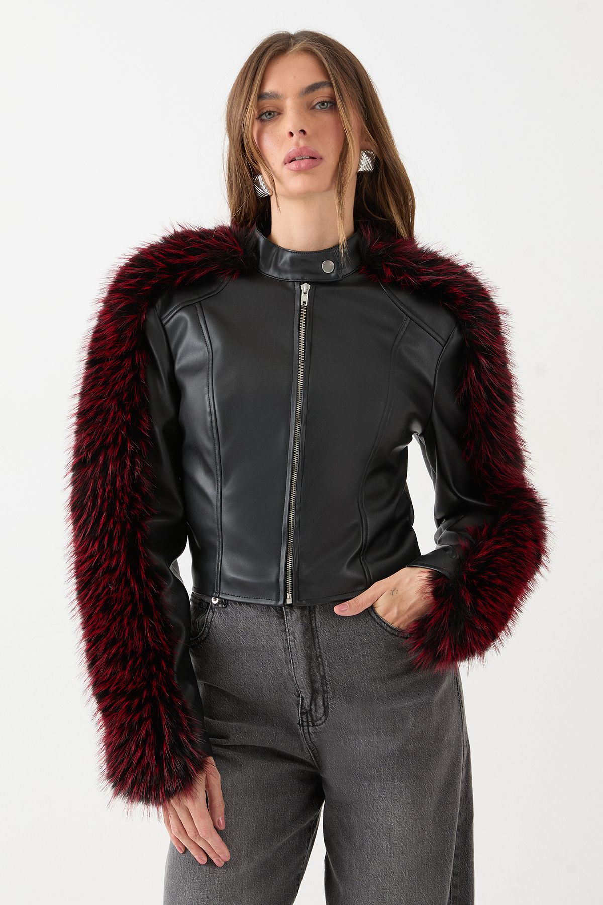 MissPap Premium Fur Sleeve Moto Jakcet Black image 4