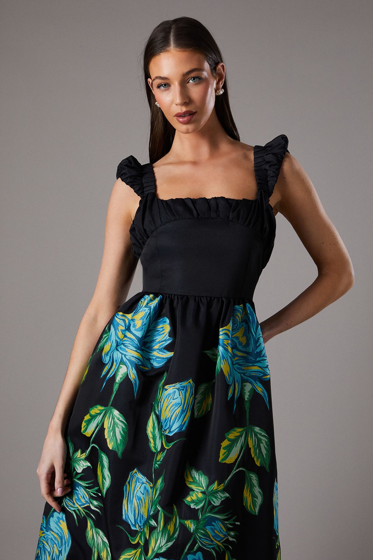 Coast Embroidered Floral Hem Dress With Puff Sleeve Black image 2