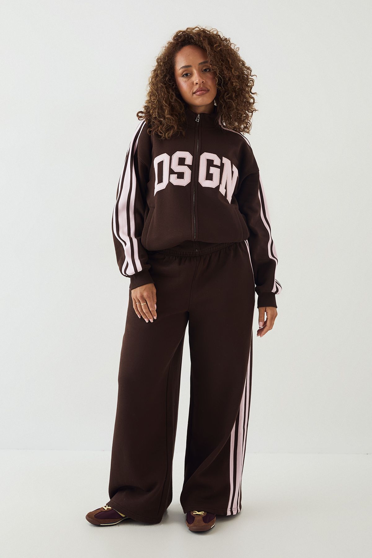 DSGN Studio DSGN Side Stripe Funnel Neck Zip Through Bomber Tracksuit Dark Chocolate image 5