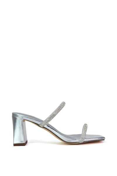 XY London 'Holden' Diamante Strap Square Toe Mid Block Heel Sandal Mules