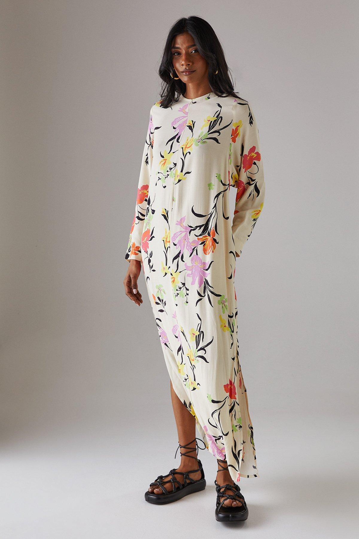 Warehouse Print Long Sleeve Column Midi Dress Floral image 1