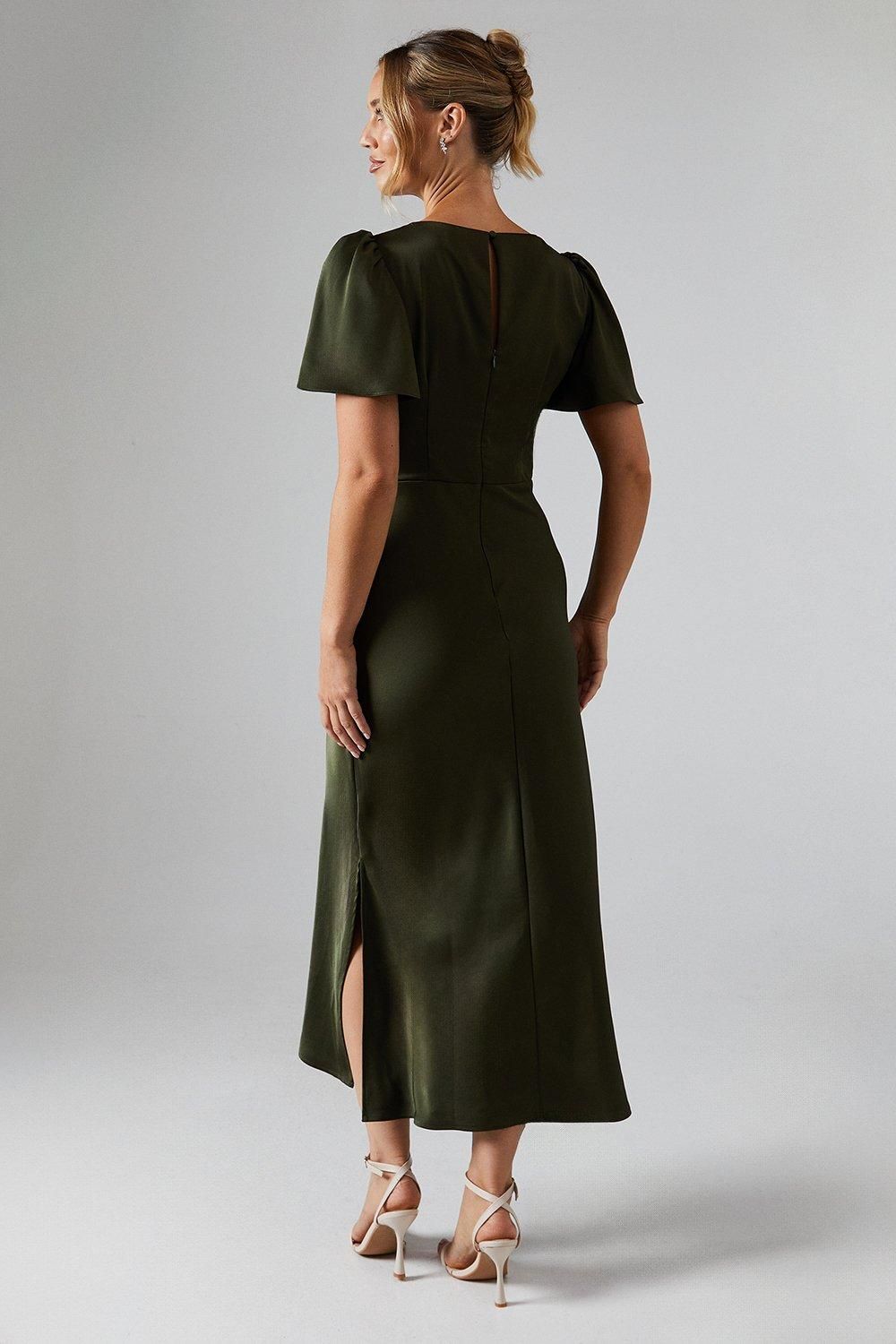 Oasis Satin Twist Front Angel Sleeve Midi Bridesmaid Dress Olive image 3
