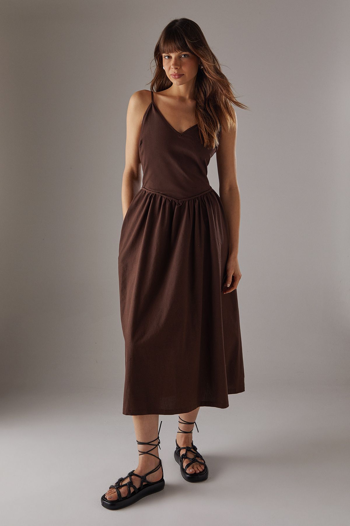 Warehouse Linen Blend Plunge Neck Midi Sundress Chocolate image 1