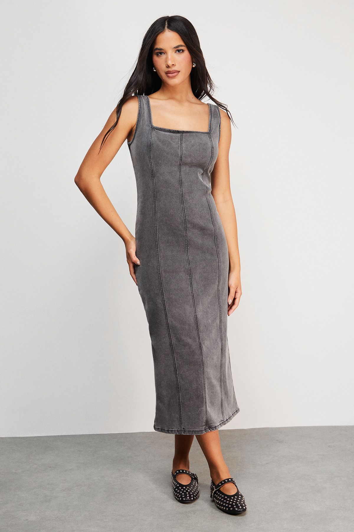 Warehouse Seam Detail Fitted Denim Midi Dress Grey image 1